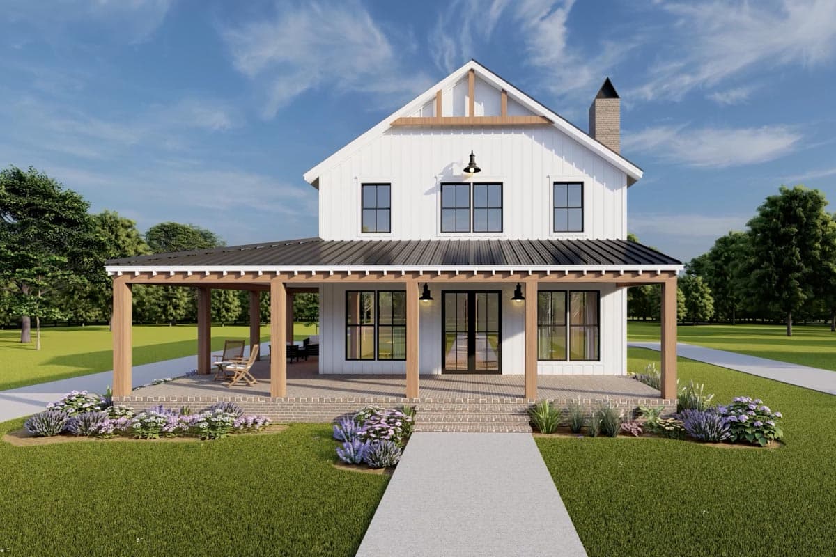 House plan exterior: Modern farmhouse style, two stories, white board and batten siding, metal roof porch, gable.