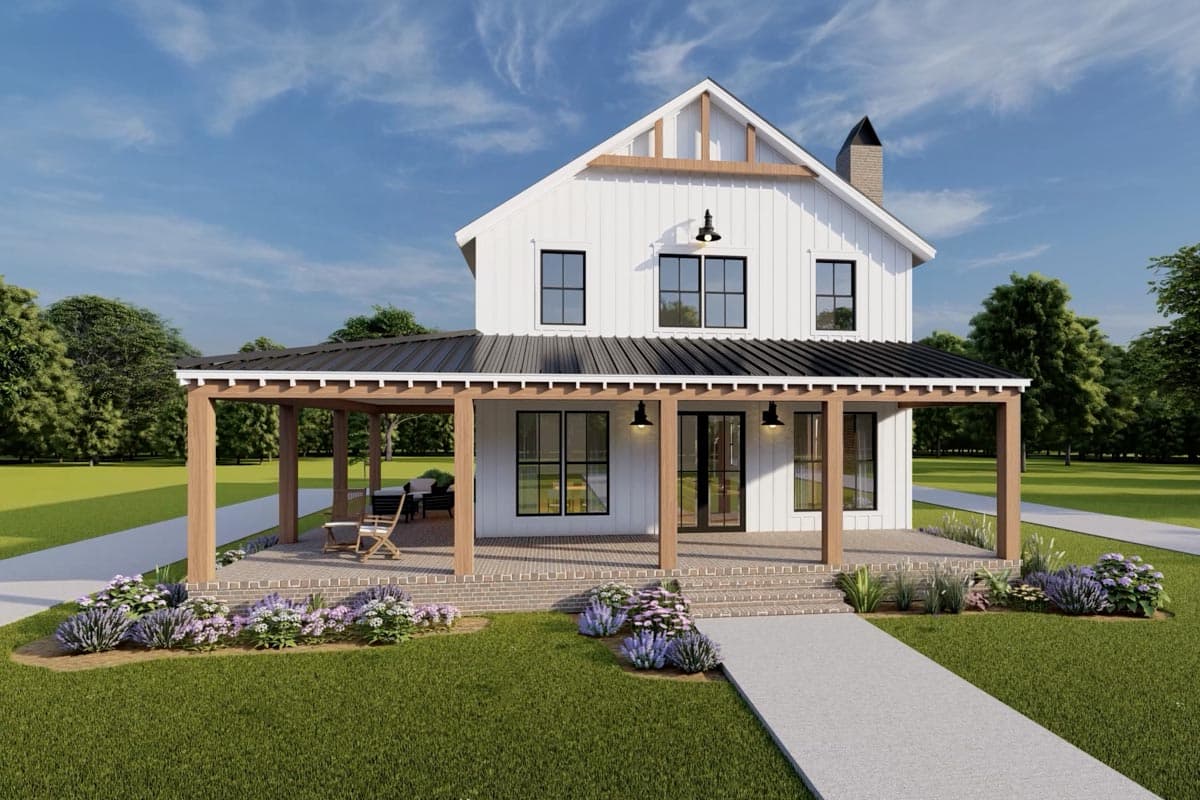 House plan exterior: Two-story Modern Farmhouse with a covered porch, metal roof, gabled dormer, and brick accents.