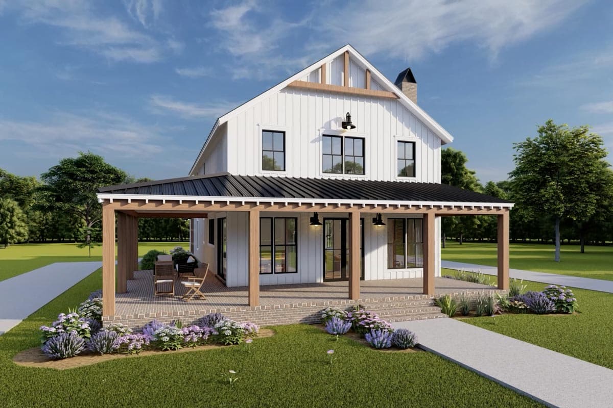 Modern farmhouse house plan exterior with white board and batten siding, gables, and covered porch with wood posts.