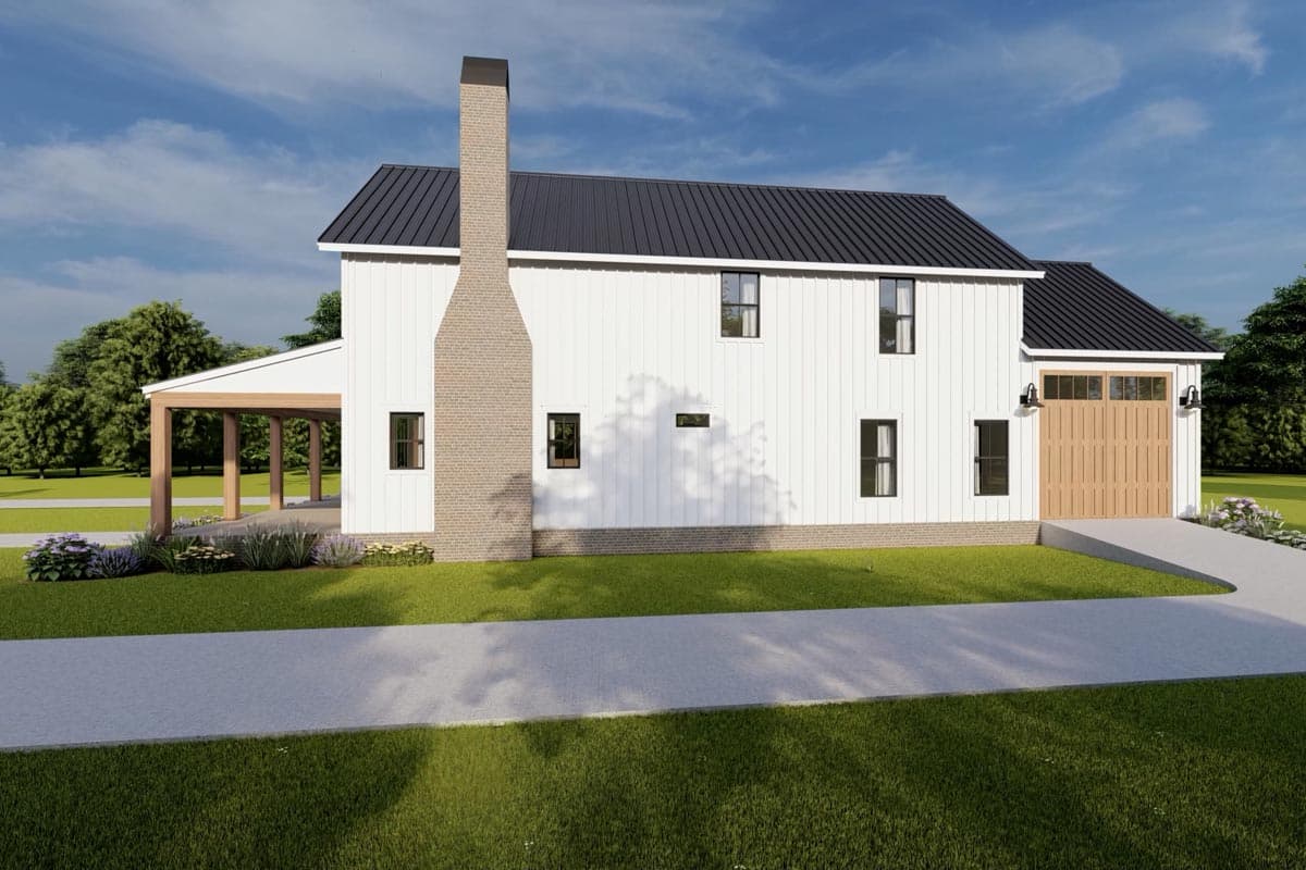 House plan exterior: Two-story modern farmhouse with white board-and-batten siding, metal roof, brick chimney, attached garage, and covered carport.