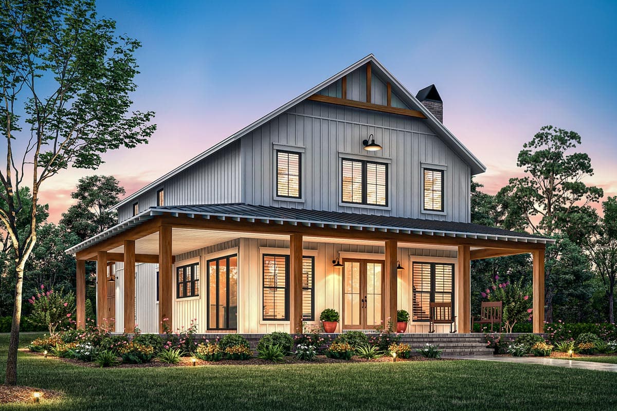 Modern Farmhouse house plan exterior with a full-width porch, gables, board and batten siding, and a standing seam roof.