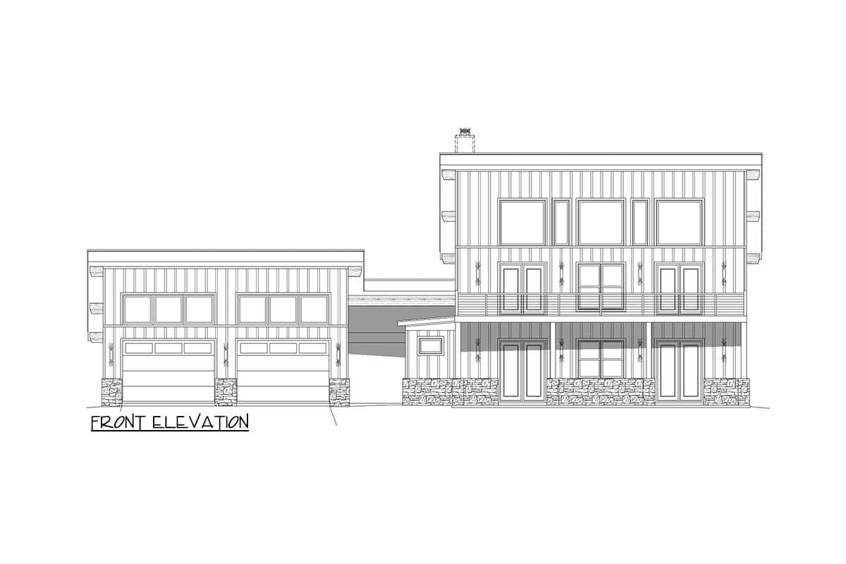Front elevation drawing of a modern house plan featuring a three-car garage, multiple stories, and a stone base.