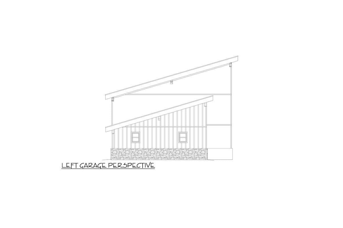 Left garage perspective of a house plan featuring a stacked shed roofline, stone wainscoting, and two small windows.