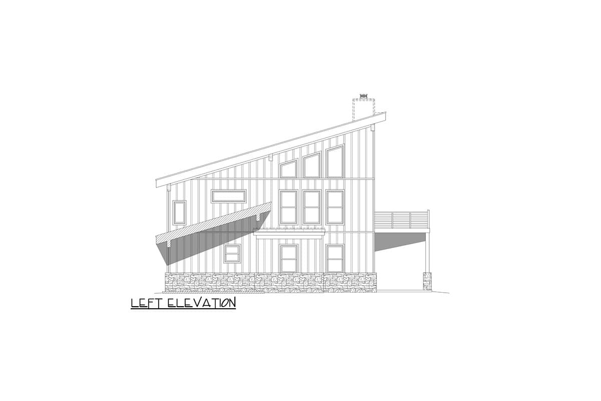 Left elevation of a two-story house plan featuring a shed roof, stone base, and large windows.