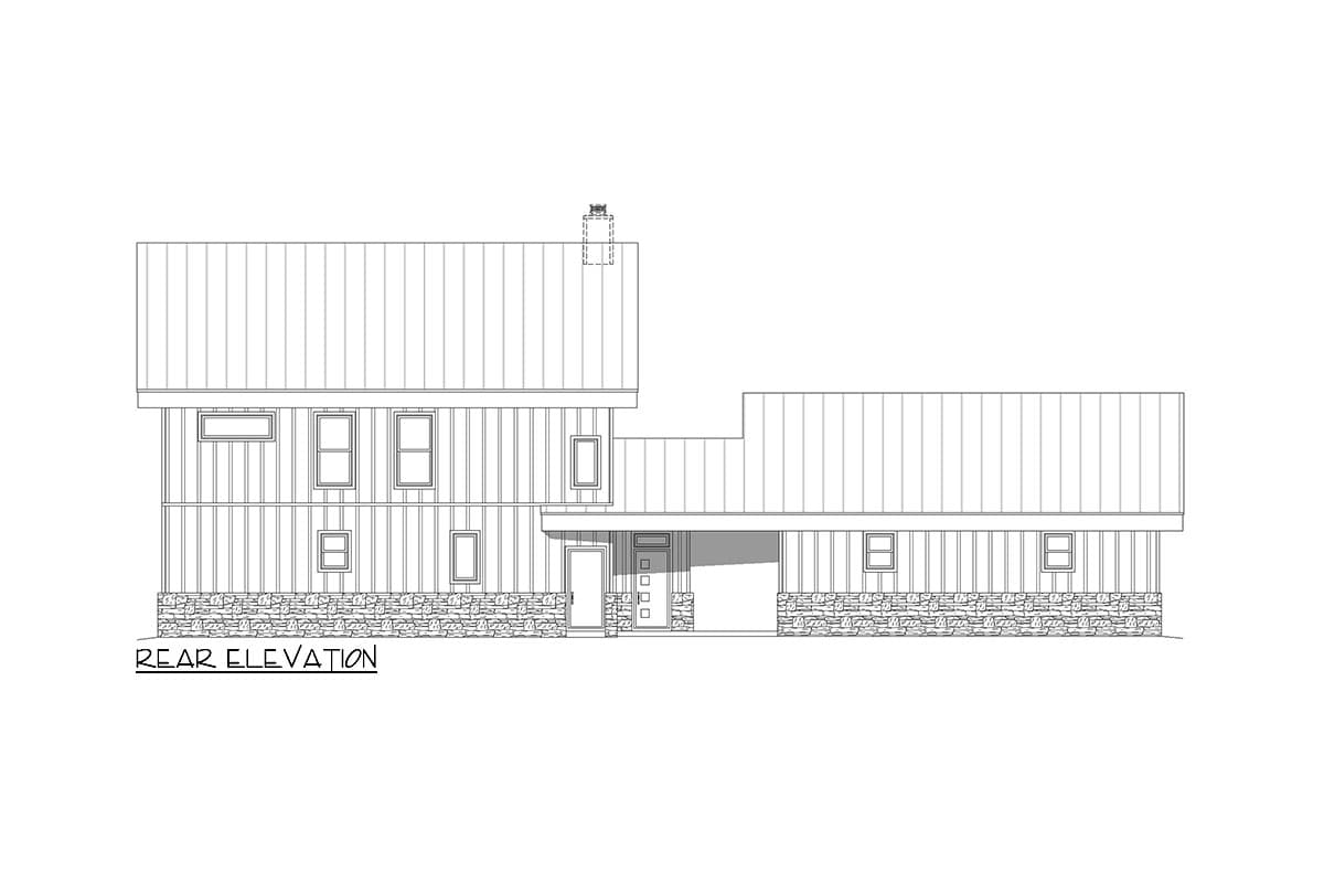 Rear elevation drawing of a two-story house plan featuring vertical siding, stone wainscoting, and a metal roof.