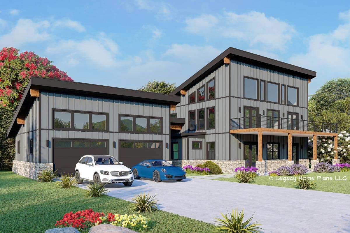 House plan exterior. Two-story modern home with a detached garage. Features include a flat roof, large windows, and a covered balcony.