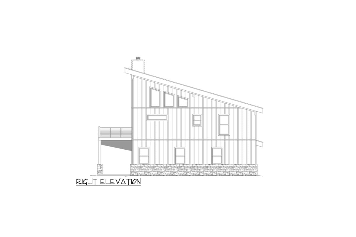 Right elevation of a two-story house plan with a sloped roof, horizontal siding, stone foundation, and deck.