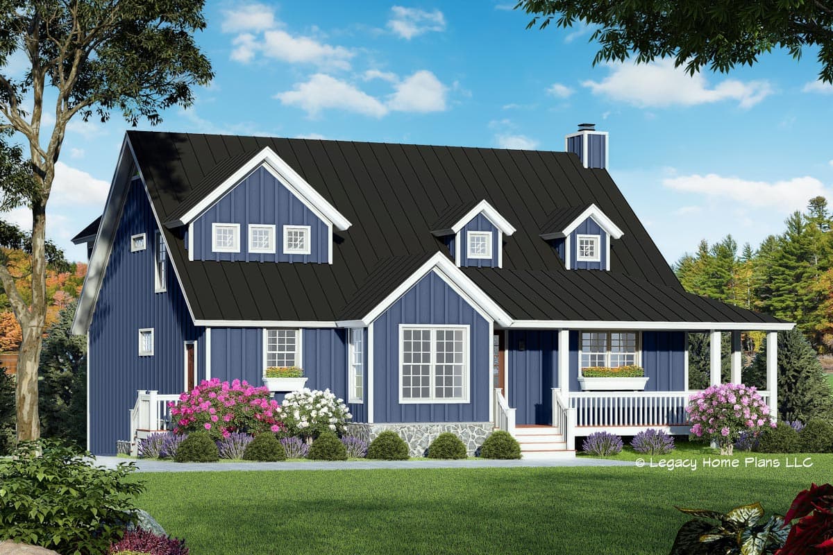 House plan exterior. Two-story Modern Farmhouse with gabled roof, dormers, and a covered porch. Features vertical siding and a chimney.