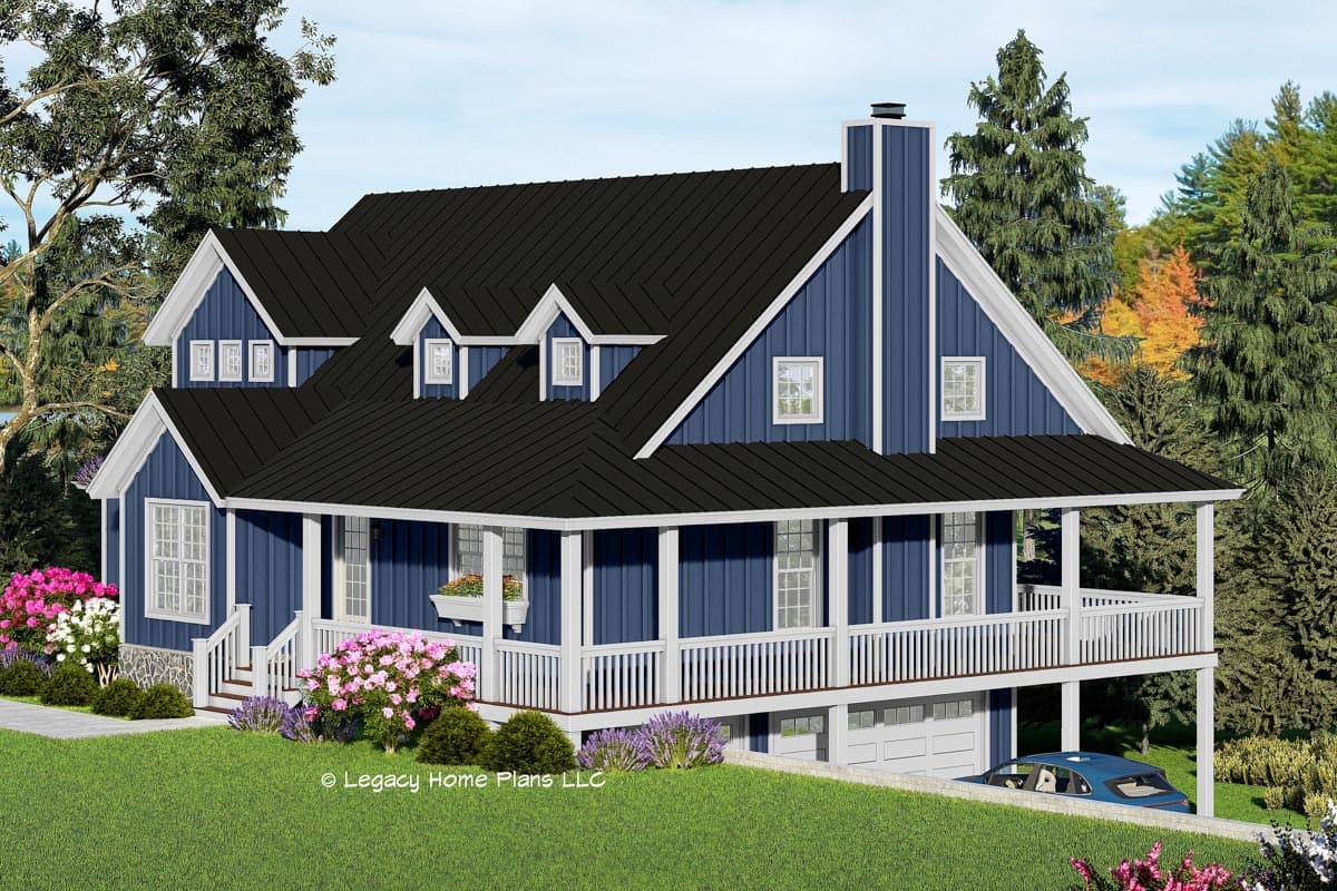 House plan exterior, two stories, blue siding, white-trimmed gables, dormers, wrap-around porch, and a side-entry garage.