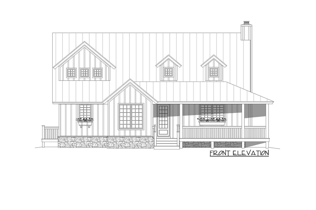 Front elevation house plan featuring a metal roof, dormers, stone foundation, and a wrap-around porch with railing.