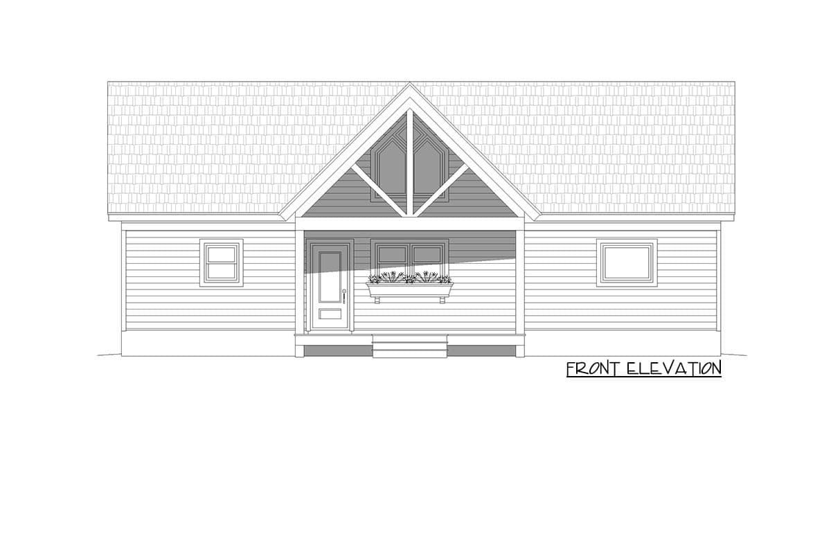 Front elevation drawing of a house with a gabled roof, porch, and horizontal siding.