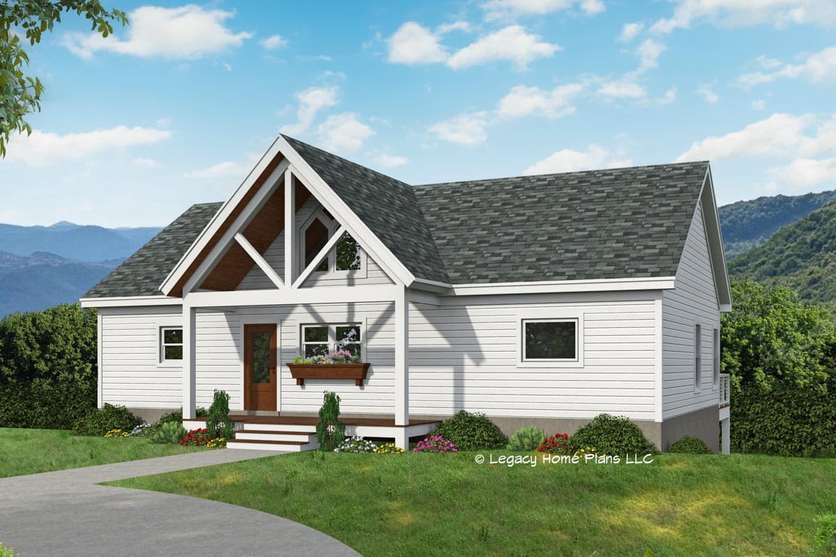 House plan exterior of a one-story Modern Farmhouse with a prominent gable, exposed rafter tails, and a covered front porch.