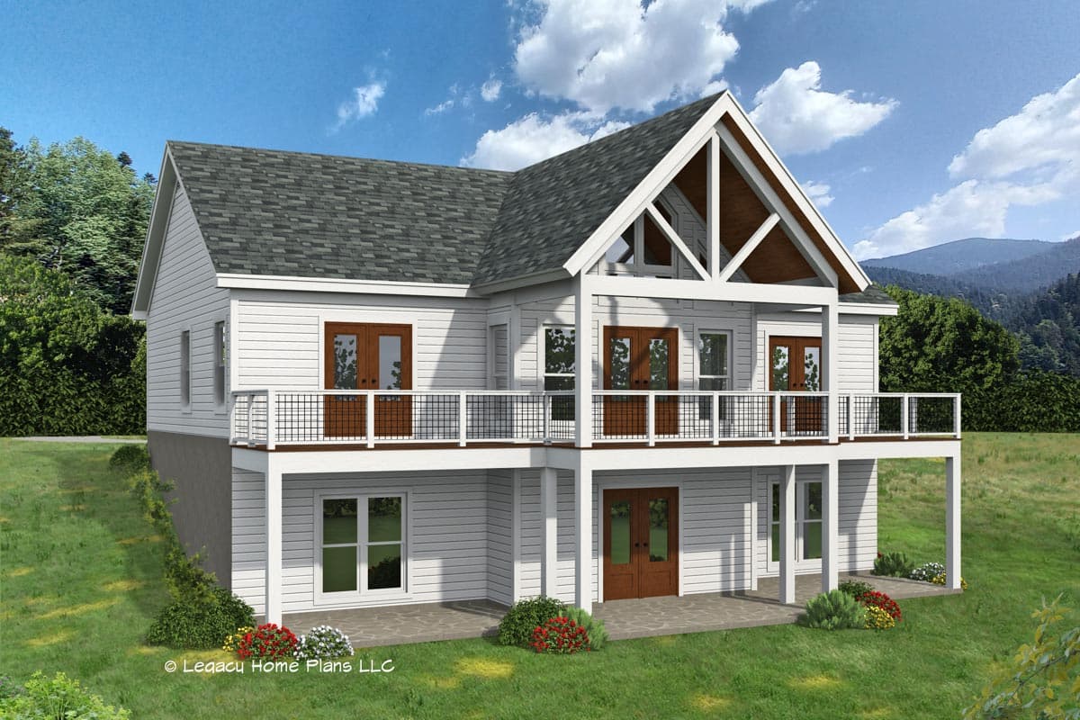House plan exterior featuring a two-story design with a gable roof, covered porch, and exposed rafter tails.