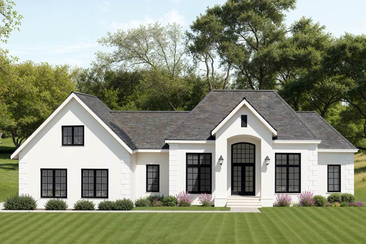 House plan exterior. One-story modern house with gabled roof, arched entry, and multiple black-framed windows.