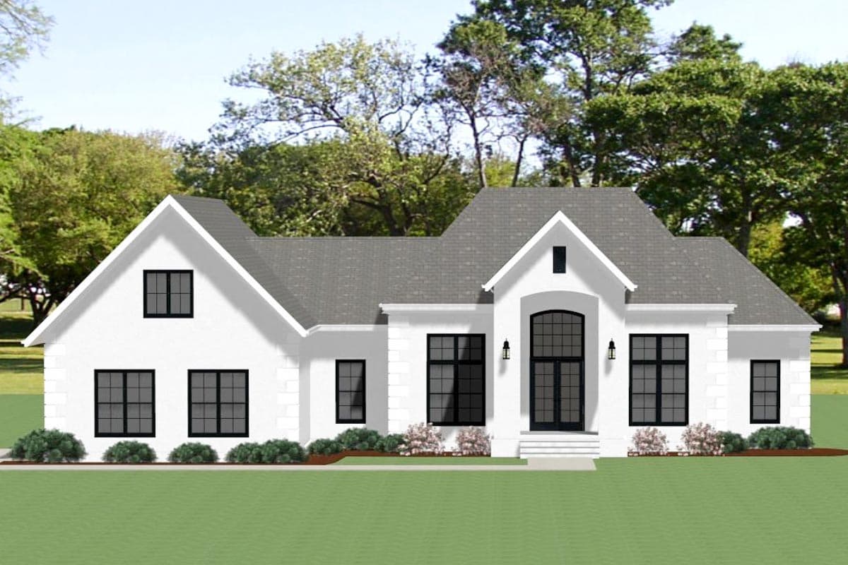 House plan exterior, modern farmhouse style, one story, gabled front, arched entry with double doors, and black windows.