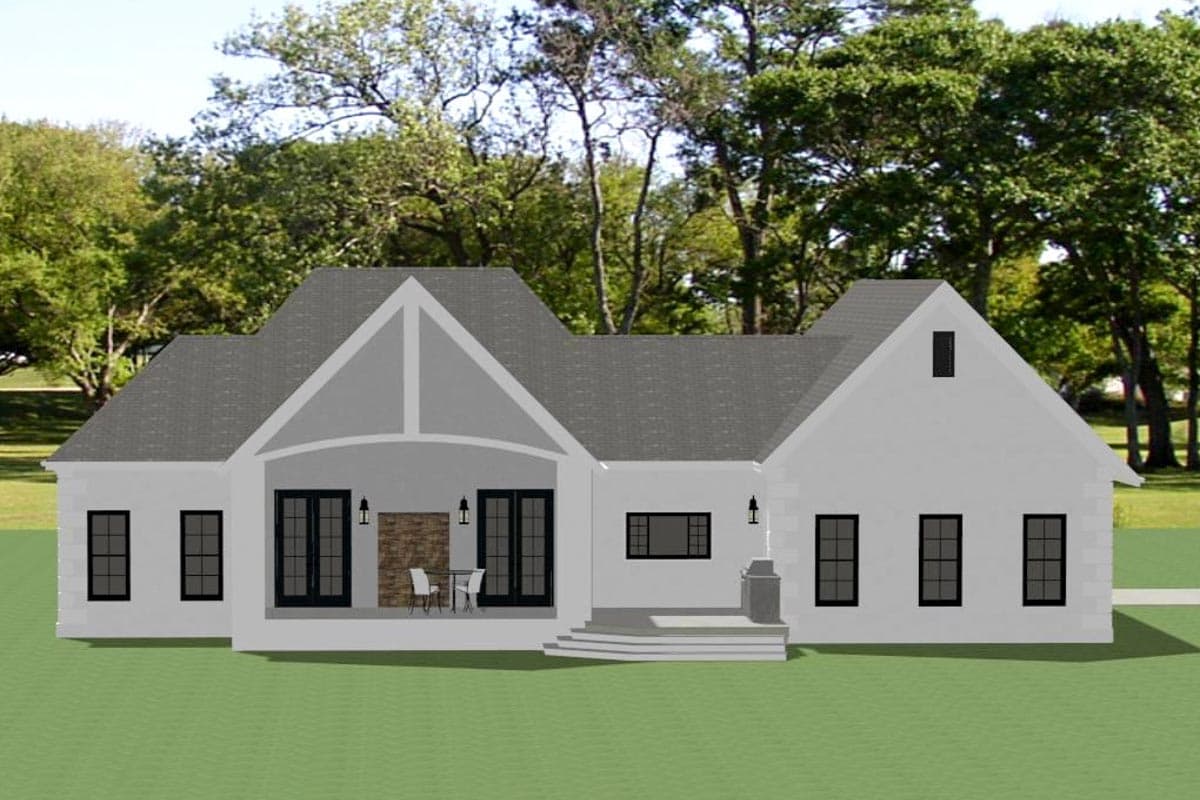 House plan exterior: Modern farmhouse style, one story, with arched covered entry, multiple gables, and a mix of window styles.