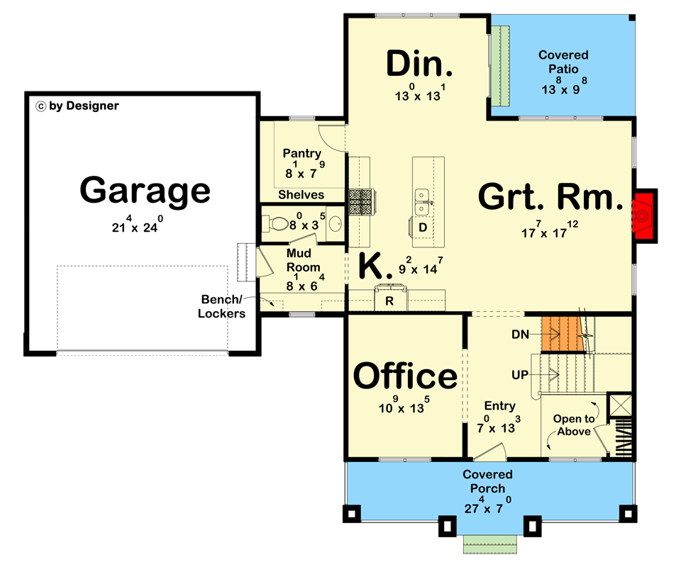 Plan 623266DJ: 2200 Sq. Ft. Modern Prairie House Plan with Home Office and Upstairs Laundry - Floor Plan - Main Level - Modern, Prairie