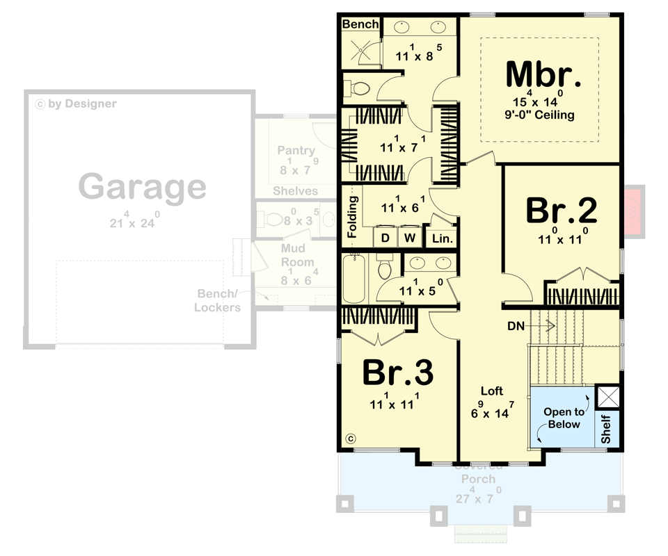 Plan 623266DJ: 2200 Sq. Ft. Modern Prairie House Plan with Home Office and Upstairs Laundry - Floor Plan - 2nd Floor - Modern, Prairie