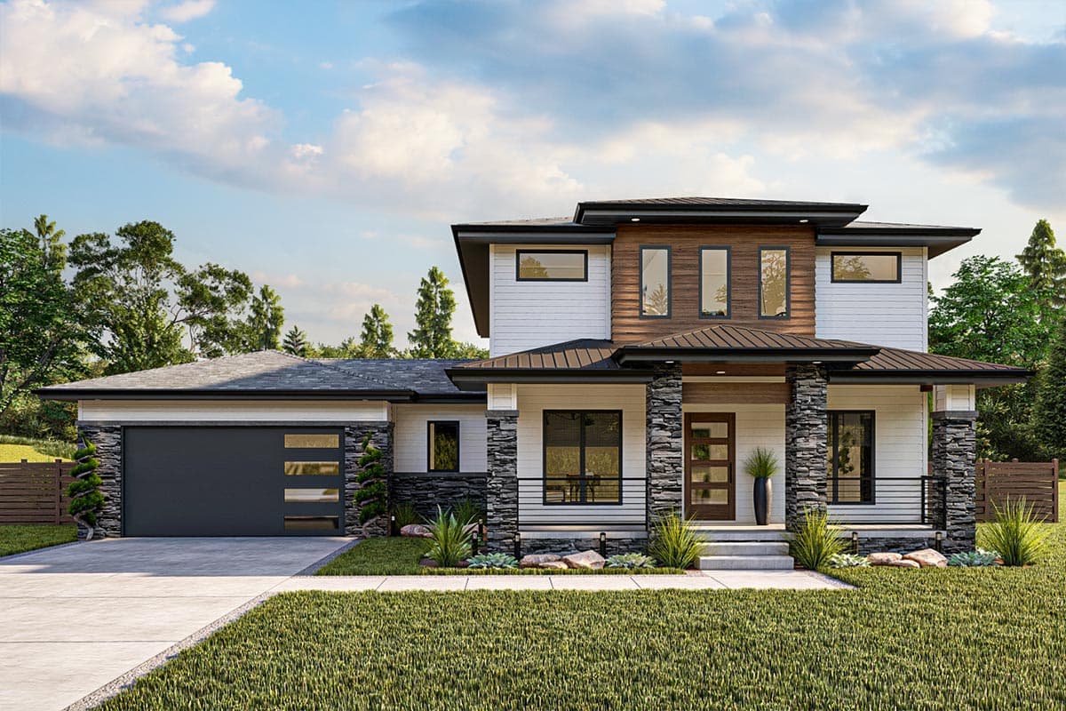 House plan exterior. Two-story Modern house with a low-sloped roof and stone accents. Features include a covered porch and an attached garage.