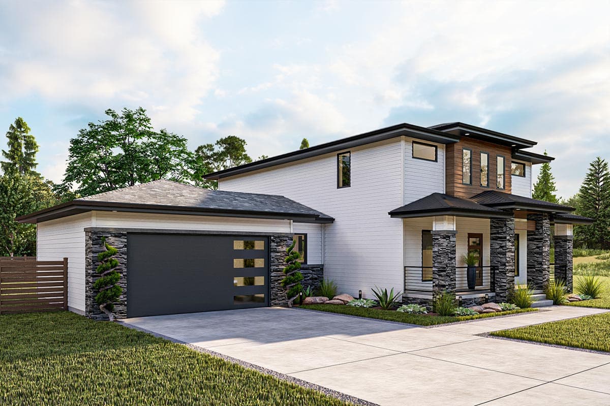 Modern house plan exterior with two stories, stone-clad columns, a covered porch, and a detached garage.