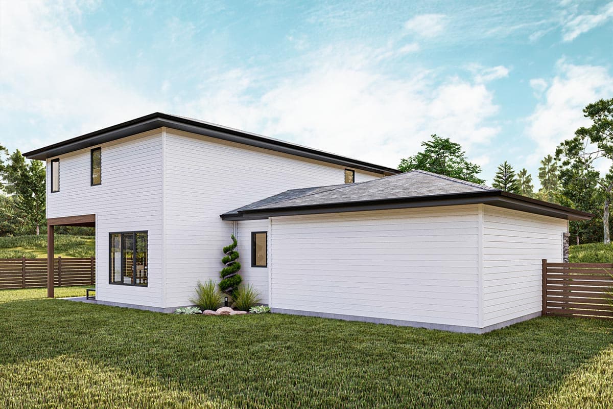 Two-story house plan exterior with white siding, gabled roof, dark trim, and covered patio.