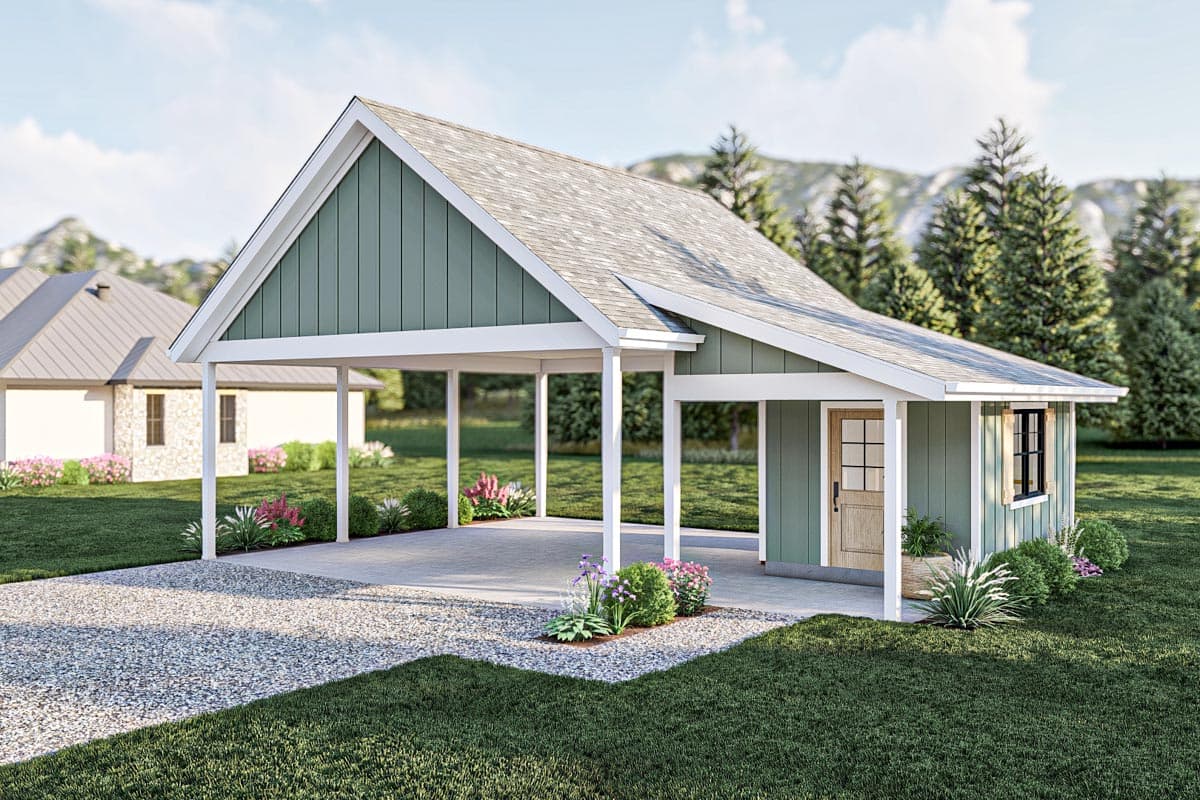 House plan exterior featuring a gable roof, attached carport, board and batten siding, and a single door with a window.