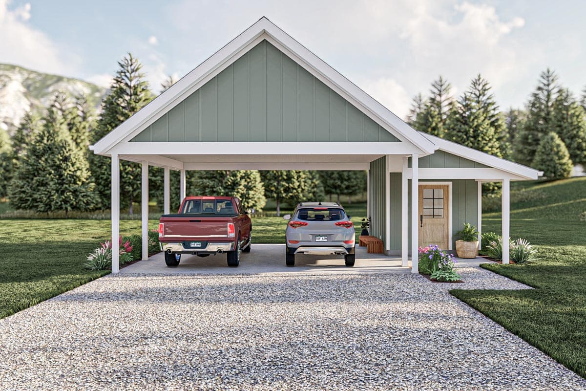 Modern Farmhouse house plan exterior with two-car carport, board and batten siding, and a front door with a transom window.