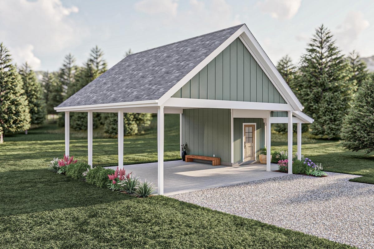 House plan exterior featuring a two-car carport with a pitched asphalt shingle roof and vertical siding.