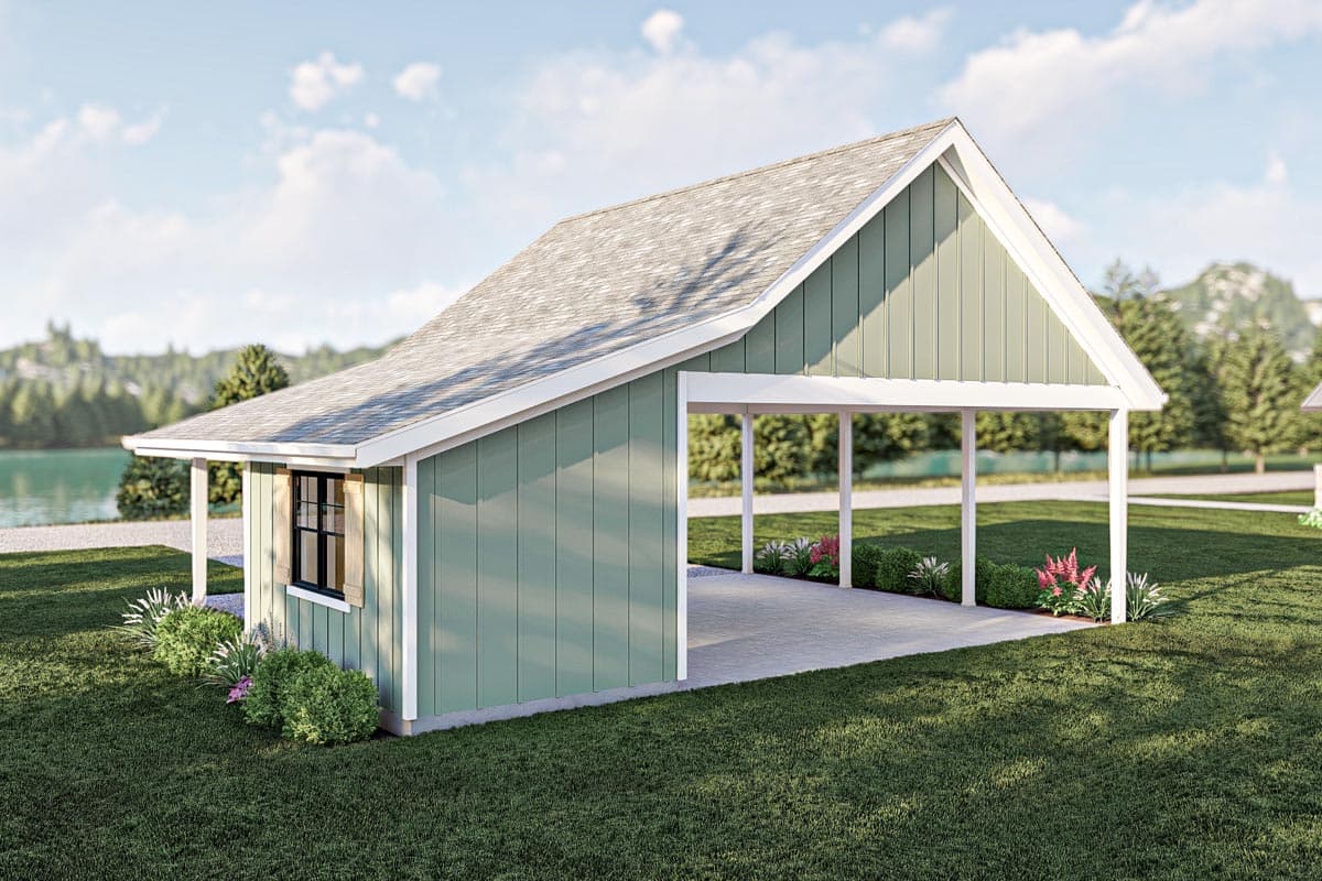 House plan exterior, one story, vertical siding, covered carport, gable roof, and one window.