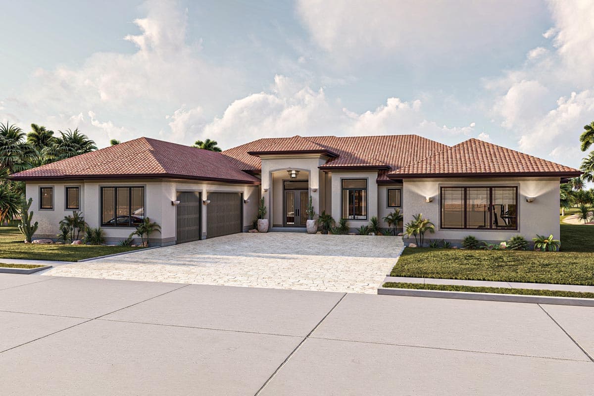 House plan exterior. Single-story design with a tile roof, an attached garage, and a covered entry. Features large windows and a stucco finish.