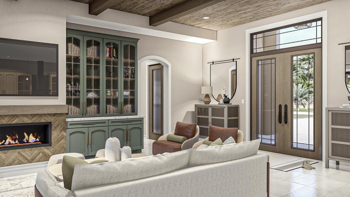 Interior rendering of a living area with a fireplace, built-in cabinetry, and double entry doors.
