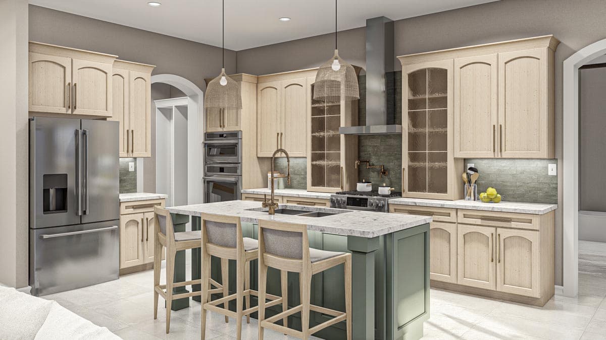 Kitchen interior rendering with light wood cabinets, large island with seating, stainless steel appliances, and range hood.