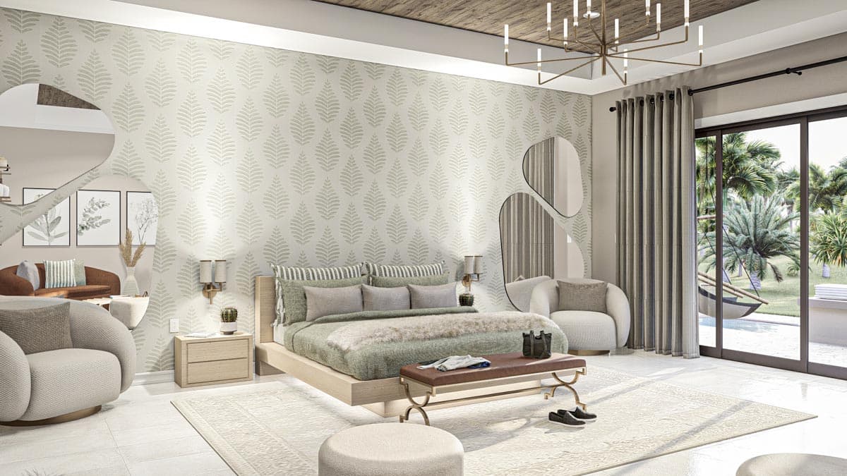 Primary bedroom with king bed, patterned wallpaper, large windows, and outdoor access to a tropical yard.