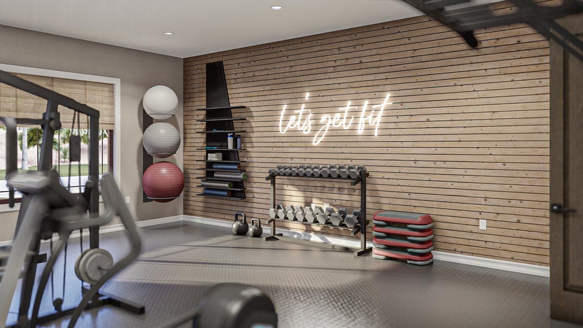 Home gym with weight rack, dumbbells, kettlebells, exercise balls, yoga mats, and 'lets get fit' neon sign.