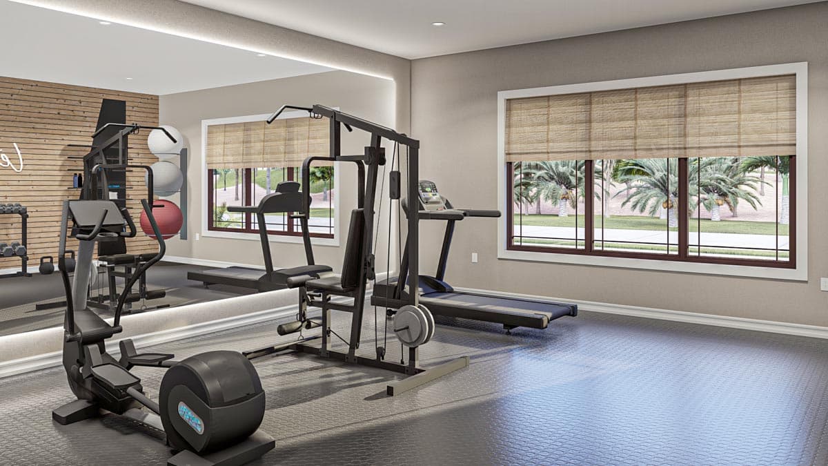 Home gym rendering with weight machine, treadmill, elliptical, and large mirrored wall.