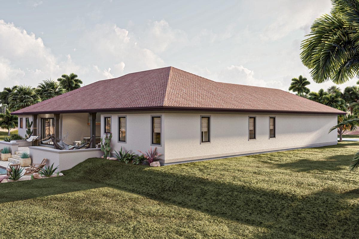 One-story house plan exterior with a hip roof, covered patio, and multiple windows.