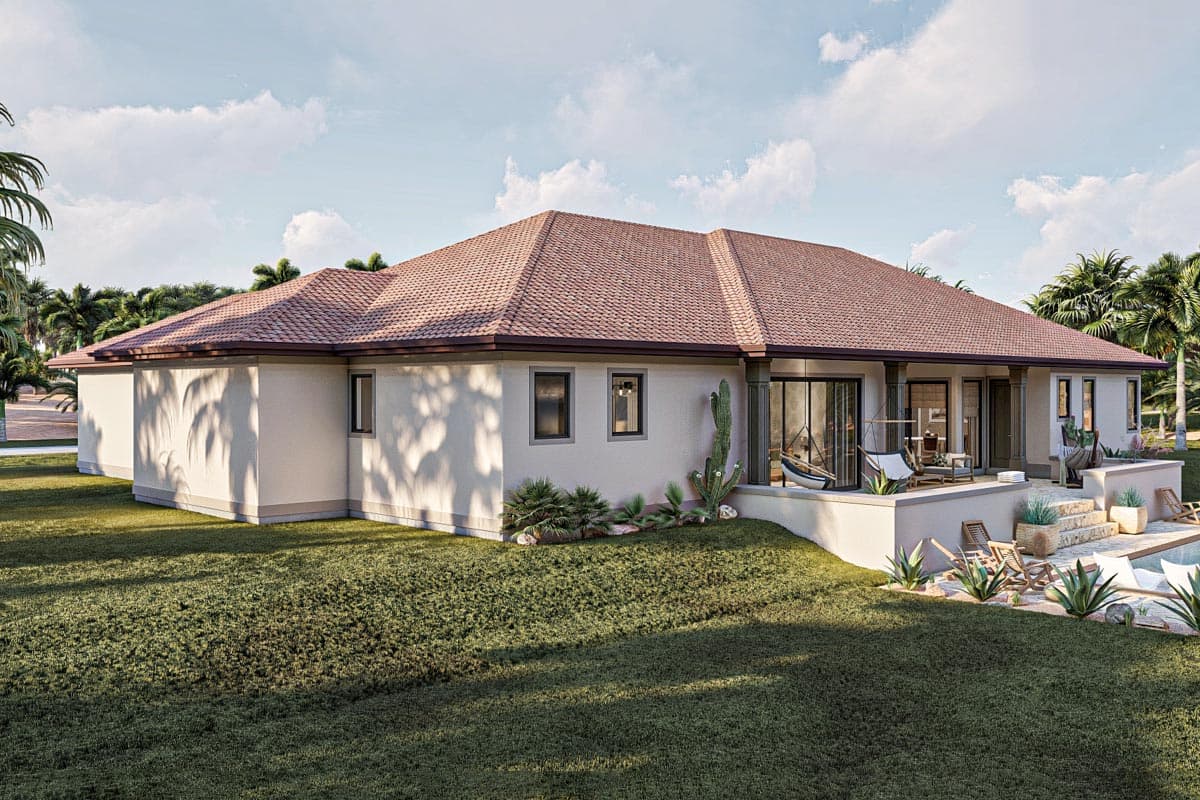 House plan exterior: one-story Modern style with hip roof, stucco walls, large sliding glass doors, and covered patio.