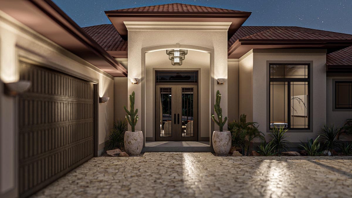 House plan exterior: Modern style, one story, covered entry with double doors, large garage door, and prominent rooflines.