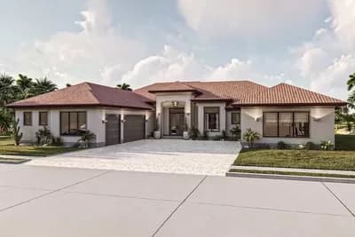 3-Bed Mediterranean-Style House Plan with 3-Car Courtyard Garage and Large Exercise Room