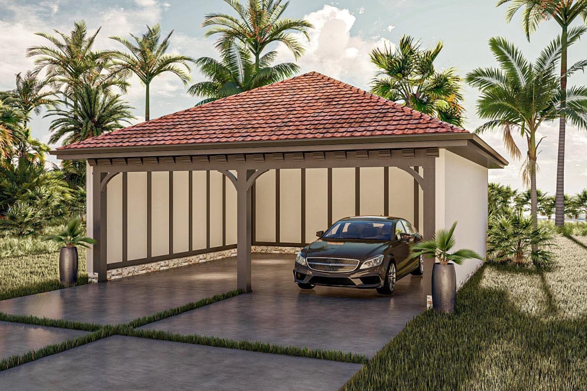 Carport exterior with a red tile roof, exposed wooden beams, and white paneled walls. A car is parked inside.