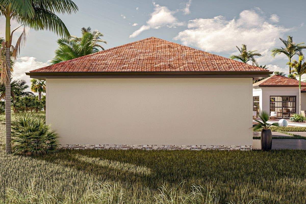 House plan exterior: Single-story structure with stucco walls, a red tile hip roof, and stone foundation accent.