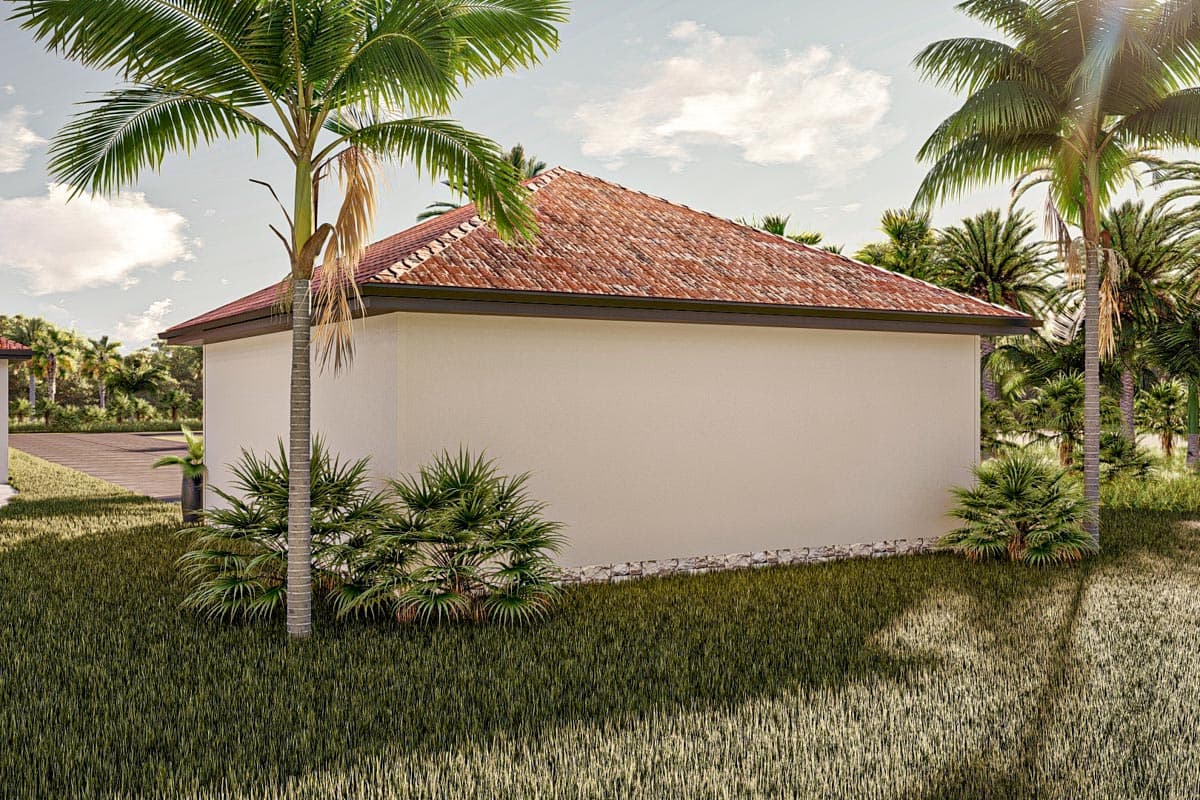 House plan exterior: One-story building with a red tile roof, light-colored stucco walls, and lush tropical landscaping.