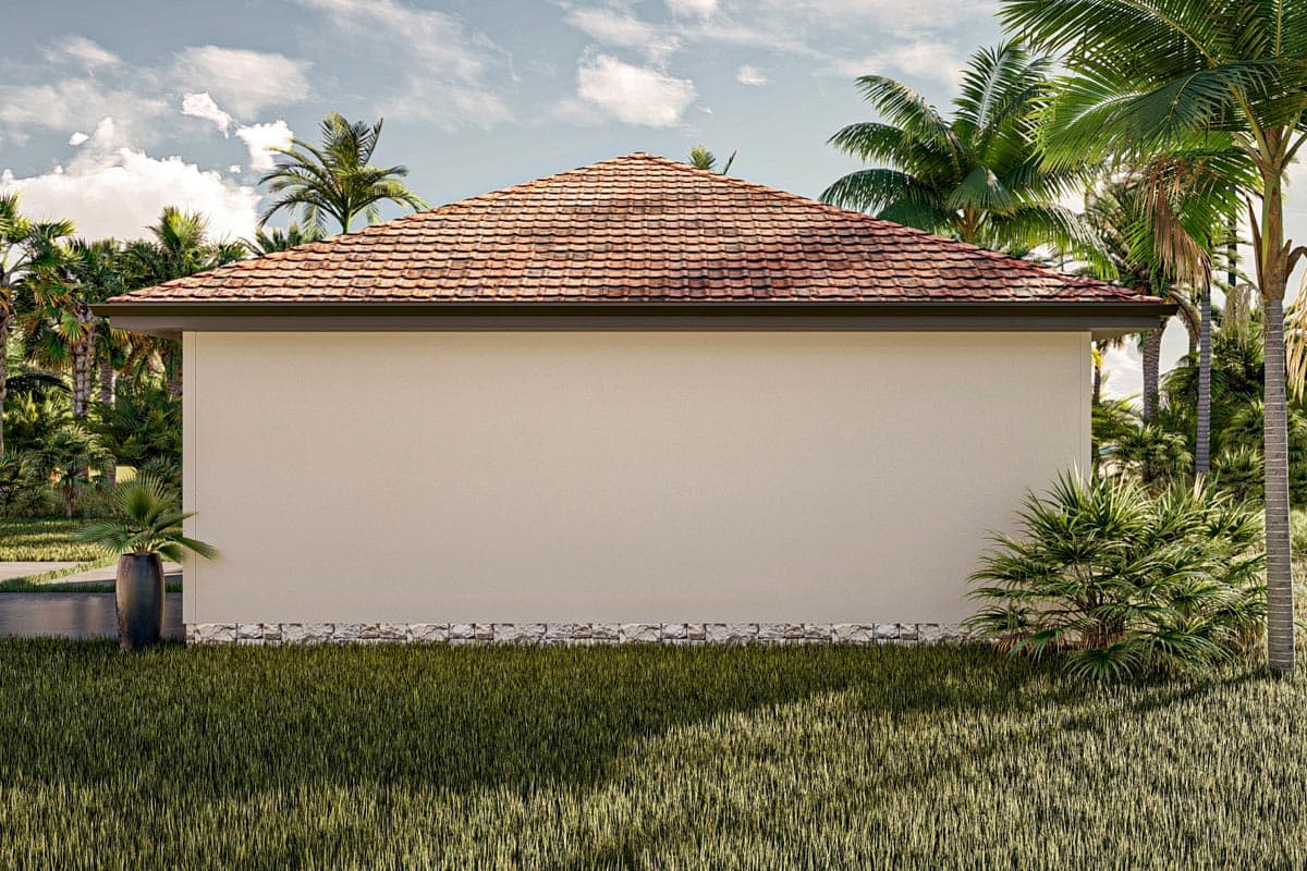 House plan exterior: one-story, stucco walls, stone foundation, hipped roof with tile.