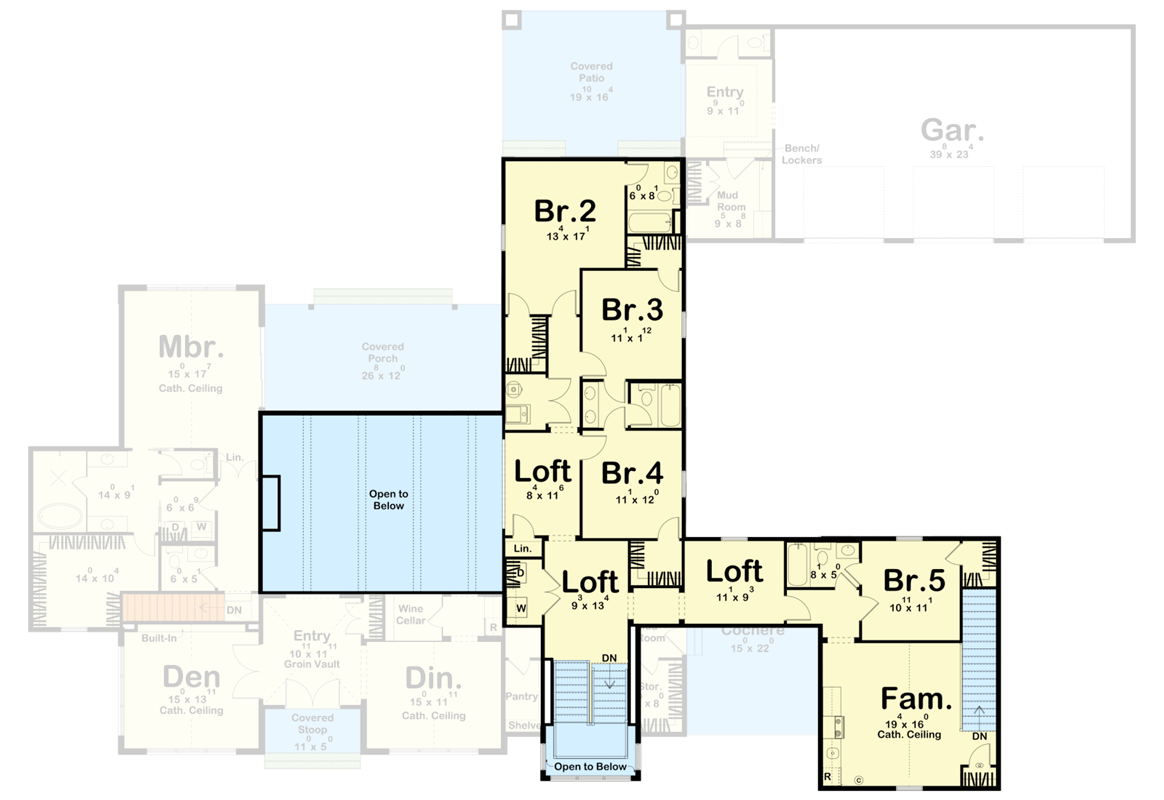 Plan 623272DJ: 5 Bed Transitional House Plan with 3 Lofts and 2 Laundry Rooms and 1 Apartment - Floor Plan - 2nd Floor - European, Transitional, Tudor
