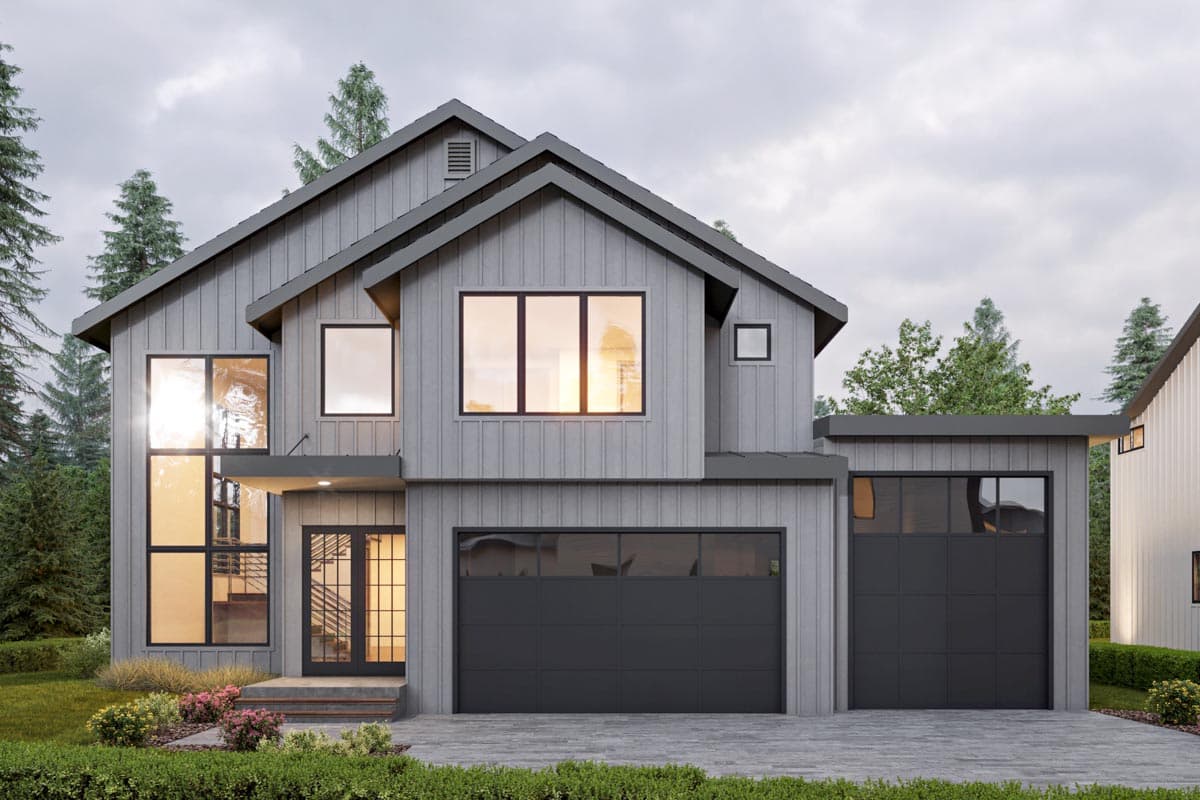 House plan exterior. Modern style, two-story home with gable roof, covered entry, and attached garage. Large windows on the front facade.