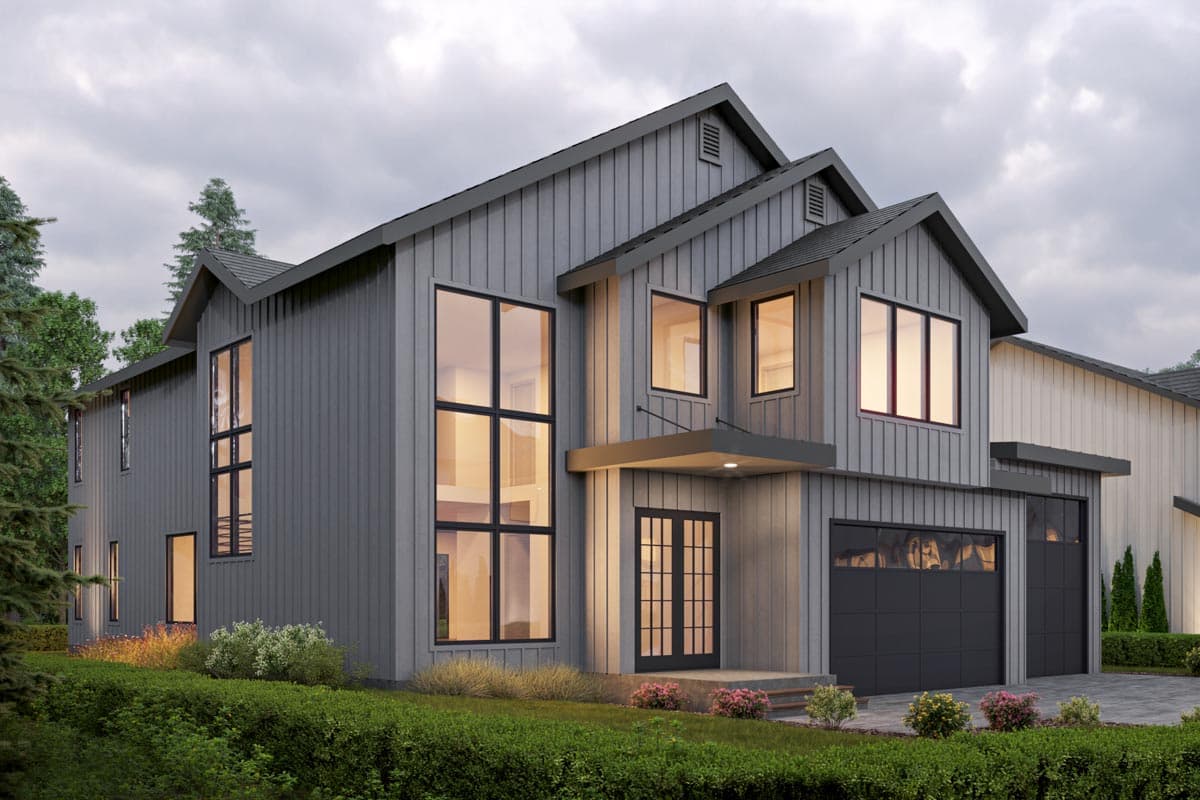 Modern Farmhouse style house plan exterior with vertical siding, gabled rooflines, large windows, and a two-car garage.