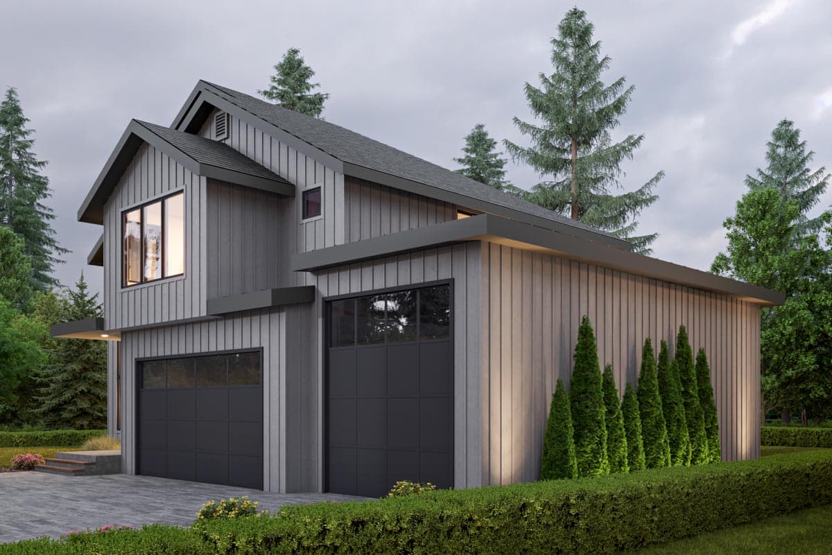 Modern house plan exterior with vertical siding, gable roof, and two garage doors.