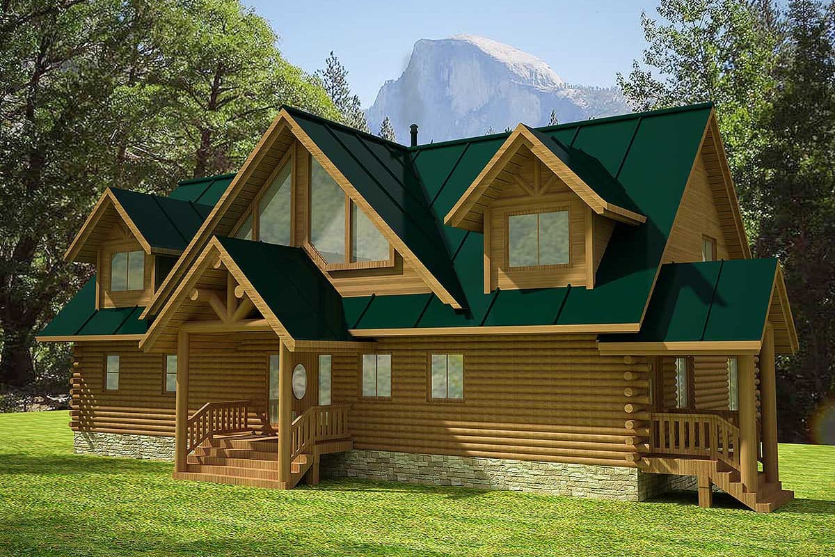 Log cabin house plan exterior with a prominent gable roof, dormers, and a covered front porch with wood railings.