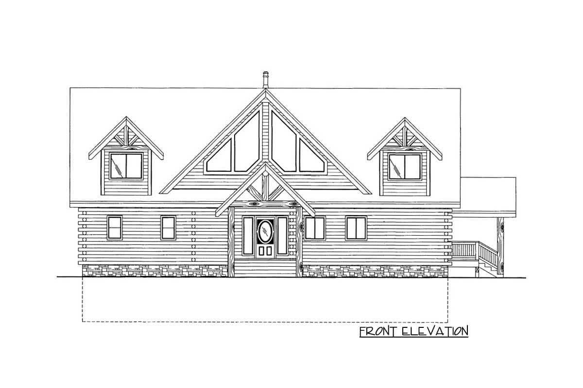 Front elevation drawing of a two-story log house plan with a prominent gable, dormers, and a covered front porch.