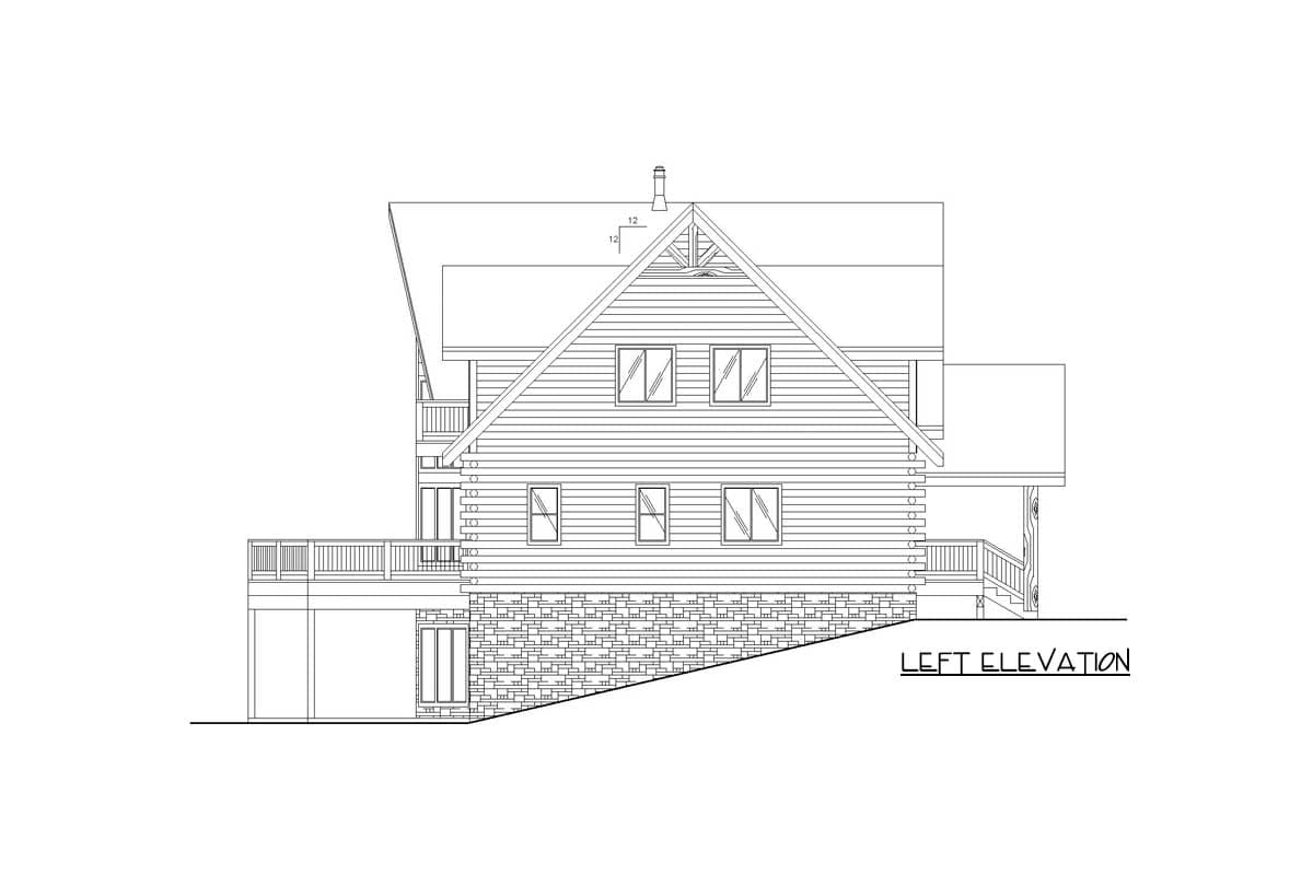 Log home house plan, left elevation showing a two-story structure with a prominent gable, decks, and stone foundation.